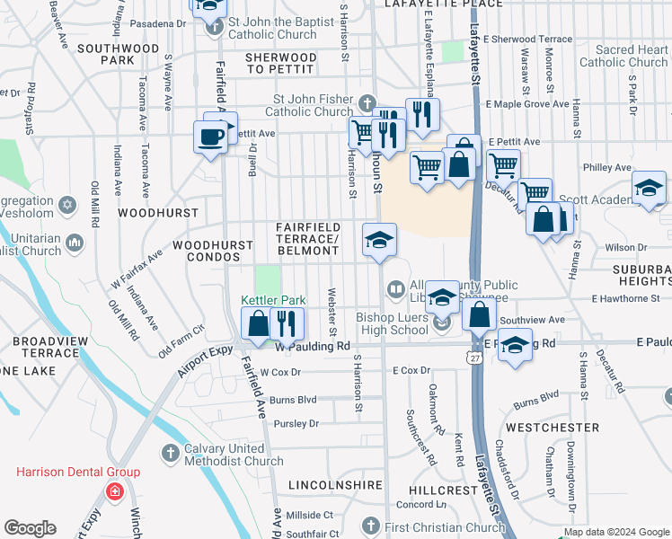 map of restaurants, bars, coffee shops, grocery stores, and more near 5405 Webster Street in Fort Wayne
