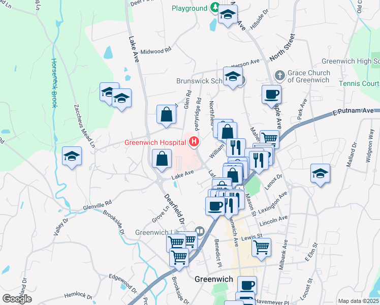 map of restaurants, bars, coffee shops, grocery stores, and more near 5 Perryridge Road in Greenwich