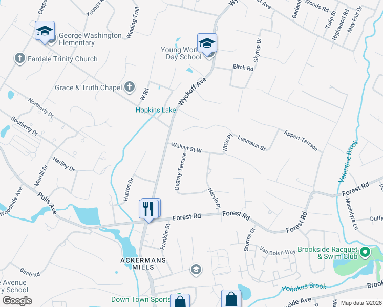 map of restaurants, bars, coffee shops, grocery stores, and more near 24 Walnut Street West in Mahwah
