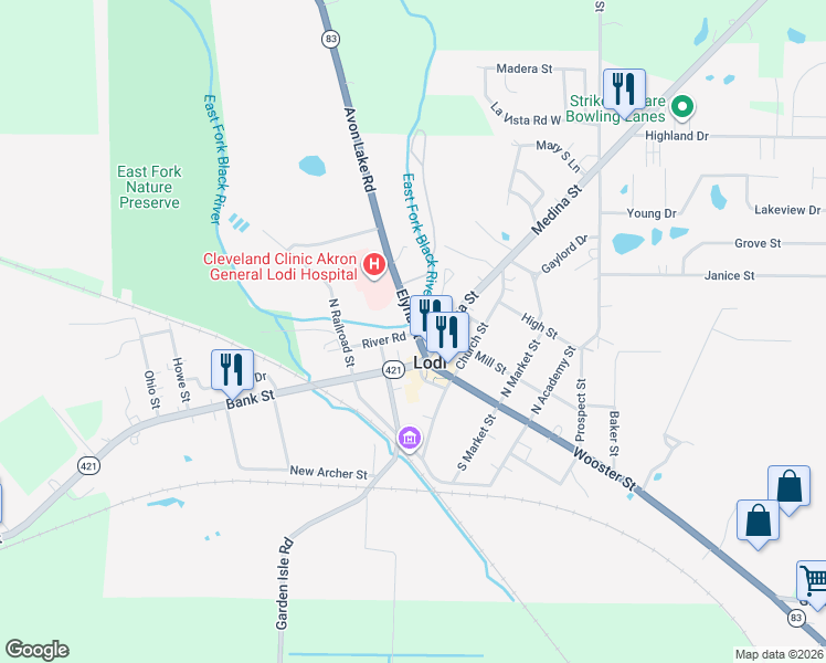 map of restaurants, bars, coffee shops, grocery stores, and more near in Lodi