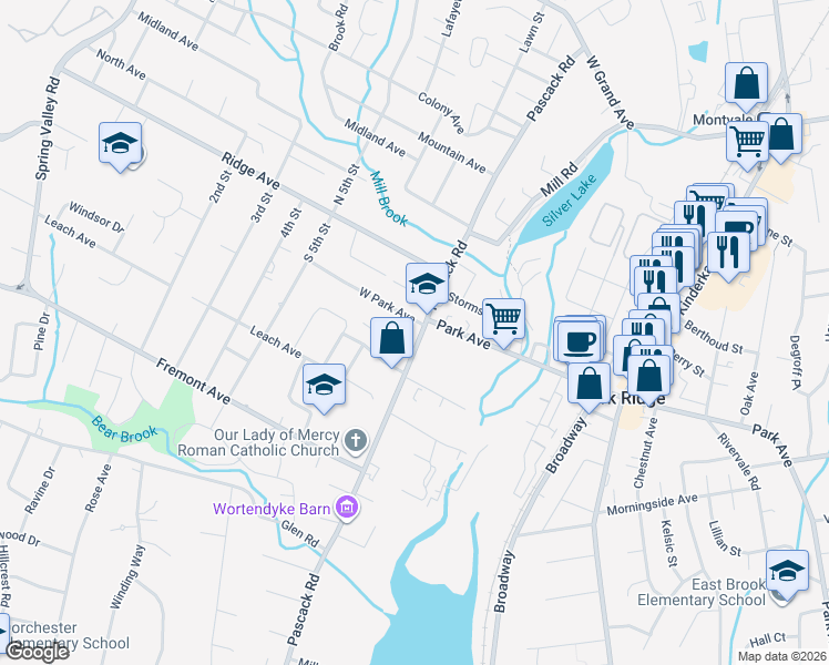 map of restaurants, bars, coffee shops, grocery stores, and more near 96 Pascack Road in Park Ridge