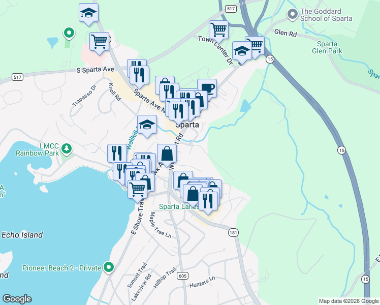 map of restaurants, bars, coffee shops, grocery stores, and more near 9 Fishers Lane in Sparta