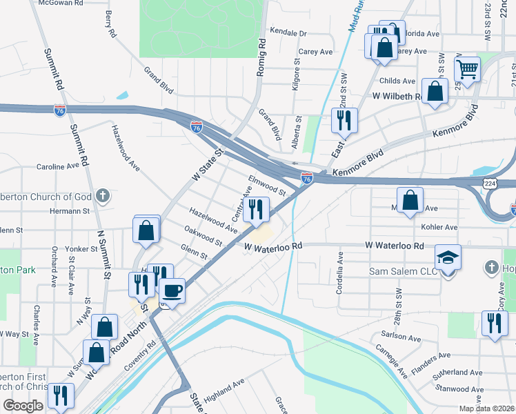 map of restaurants, bars, coffee shops, grocery stores, and more near 53 Fernwood Avenue in Barberton