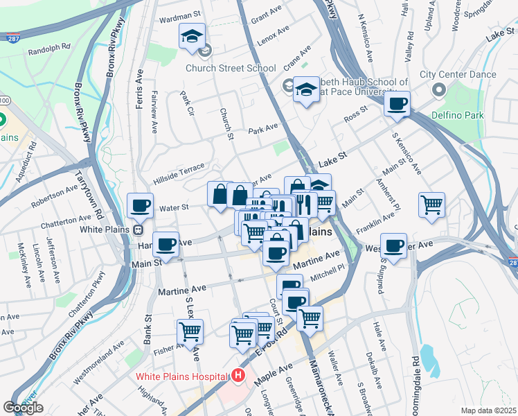 map of restaurants, bars, coffee shops, grocery stores, and more near 70 Church Street in White Plains