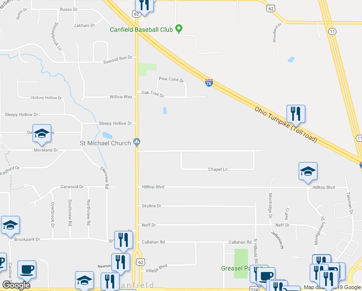 map of restaurants, bars, coffee shops, grocery stores, and more near 110 Dartmouth Drive in Canfield