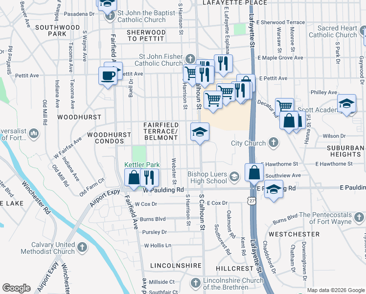 map of restaurants, bars, coffee shops, grocery stores, and more near 5421 Webster Street in Fort Wayne