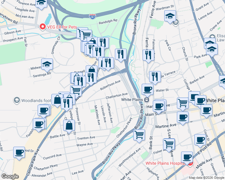 map of restaurants, bars, coffee shops, grocery stores, and more near 75 Harding Avenue in White Plains