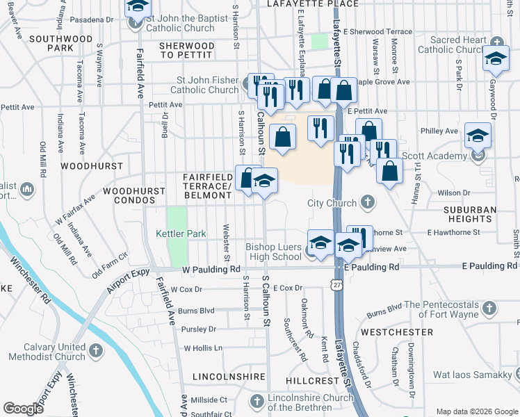 map of restaurants, bars, coffee shops, grocery stores, and more near 5402 South Calhoun Street in Fort Wayne