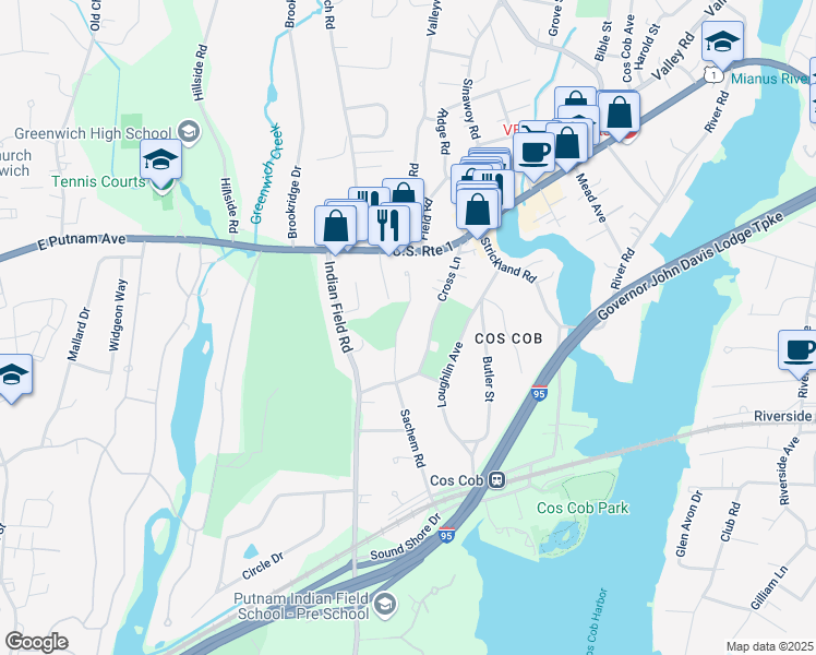 map of restaurants, bars, coffee shops, grocery stores, and more near 21 Sachem Lane in Greenwich