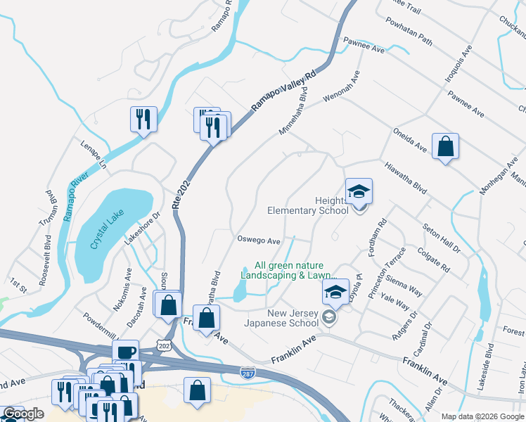 map of restaurants, bars, coffee shops, grocery stores, and more near 72 Hiawatha Boulevard in Oakland