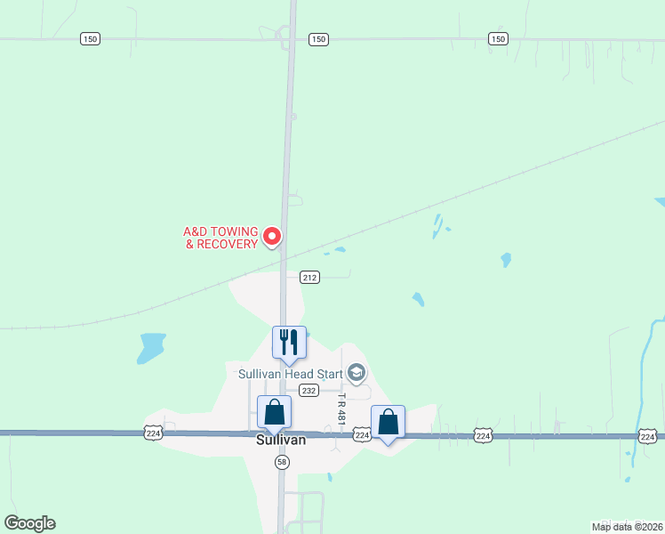map of restaurants, bars, coffee shops, grocery stores, and more near 483 Township Highway 212 in Sullivan