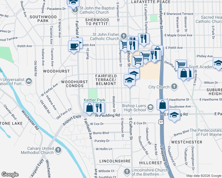 map of restaurants, bars, coffee shops, grocery stores, and more near 5421 Mc Clellan Street in Fort Wayne
