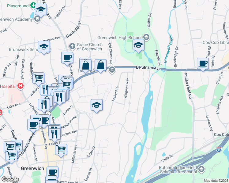 map of restaurants, bars, coffee shops, grocery stores, and more near 47 Mallard Drive in Greenwich