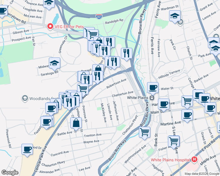 map of restaurants, bars, coffee shops, grocery stores, and more near 86 Robertson Avenue in White Plains