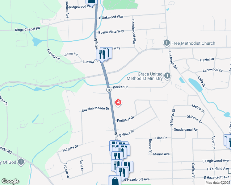 map of restaurants, bars, coffee shops, grocery stores, and more near 2616 Wilmington Road in New Castle