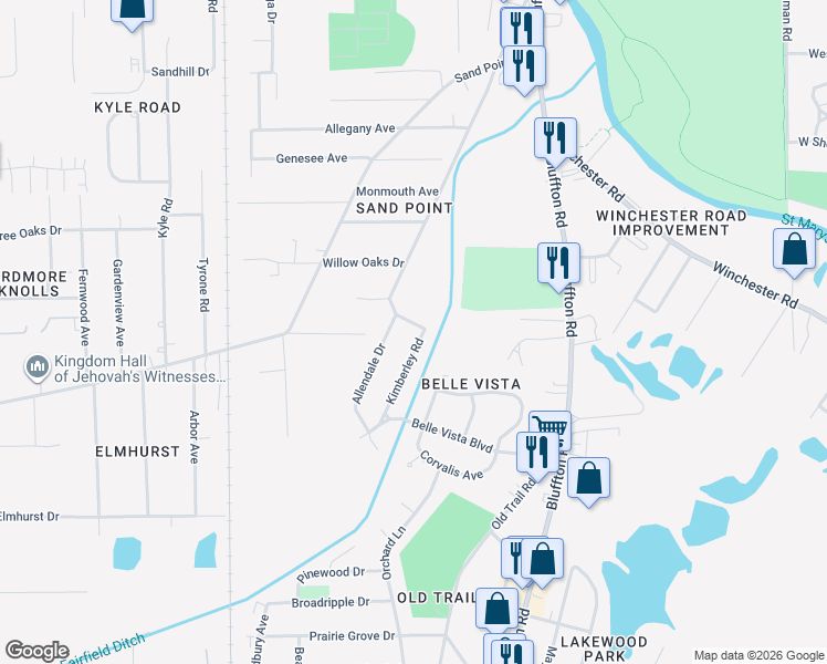 map of restaurants, bars, coffee shops, grocery stores, and more near 5517 Kimberley Road in Fort Wayne