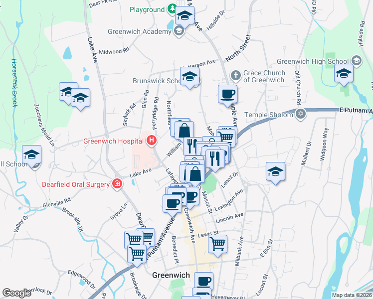 map of restaurants, bars, coffee shops, grocery stores, and more near 58 Church Street in Greenwich