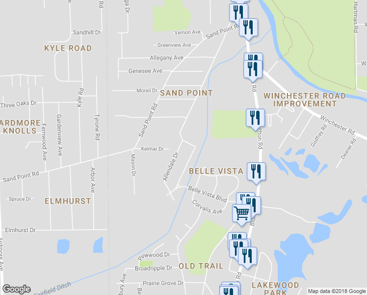 map of restaurants, bars, coffee shops, grocery stores, and more near 5515 Allendale Drive in Fort Wayne