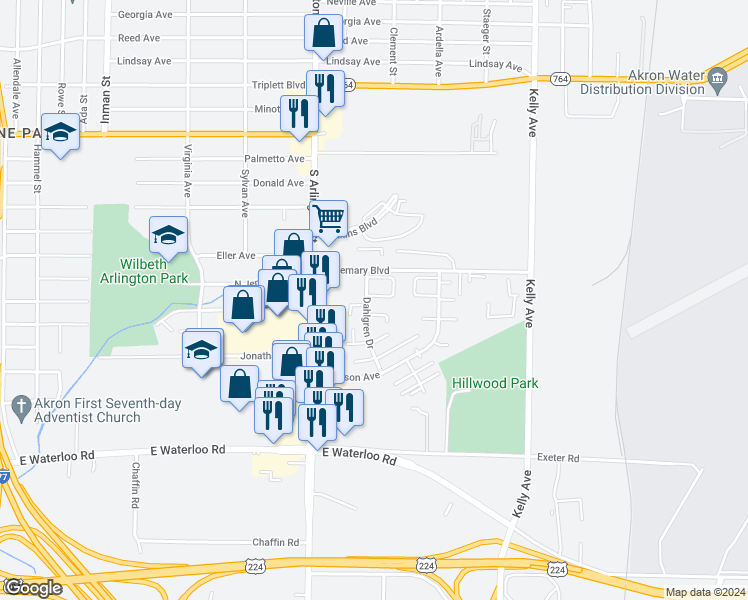 map of restaurants, bars, coffee shops, grocery stores, and more near 1163 Chesapeake Drive in Akron