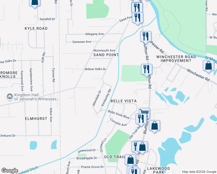 map of restaurants, bars, coffee shops, grocery stores, and more near 5517 Kimberley Road in Fort Wayne