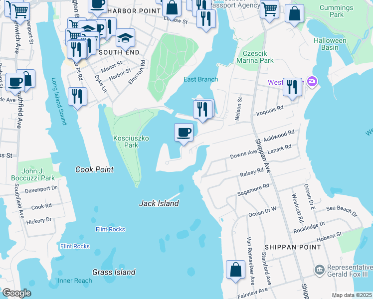 map of restaurants, bars, coffee shops, grocery stores, and more near 208 Harbor Drive in Stamford