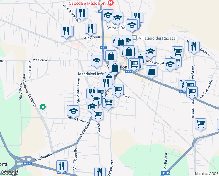 map of restaurants, bars, coffee shops, grocery stores, and more near 54 Via Napoli in Maddaloni