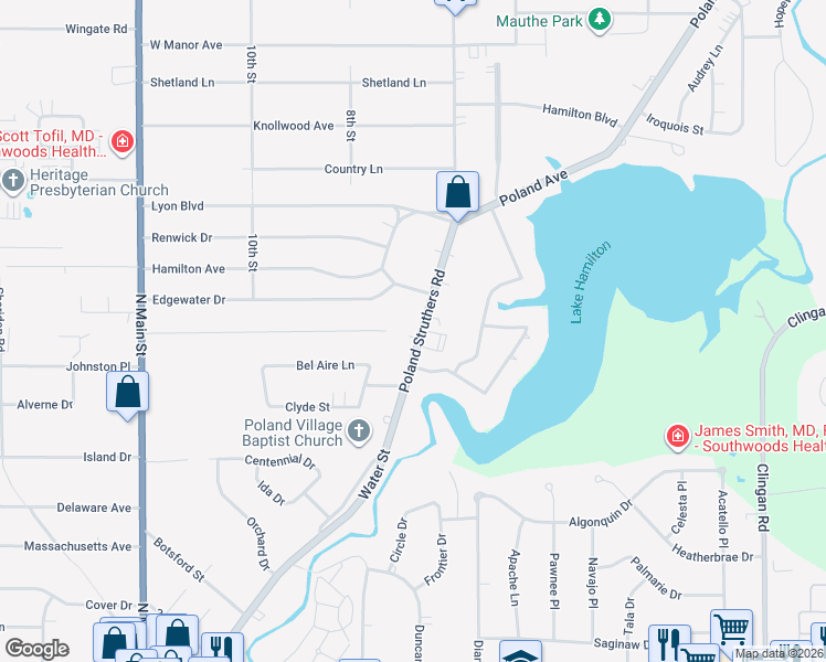 map of restaurants, bars, coffee shops, grocery stores, and more near 5846 Poland Struthers Road in Poland