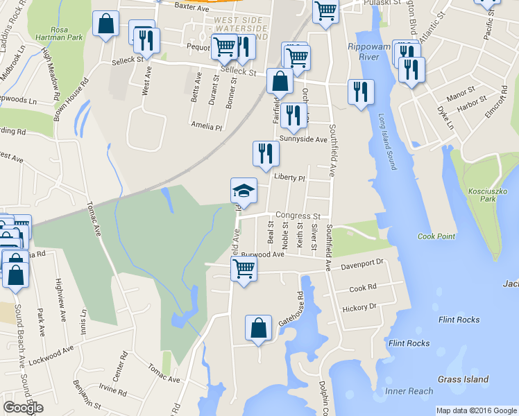 map of restaurants, bars, coffee shops, grocery stores, and more near 526 Fairfield Avenue in Stamford
