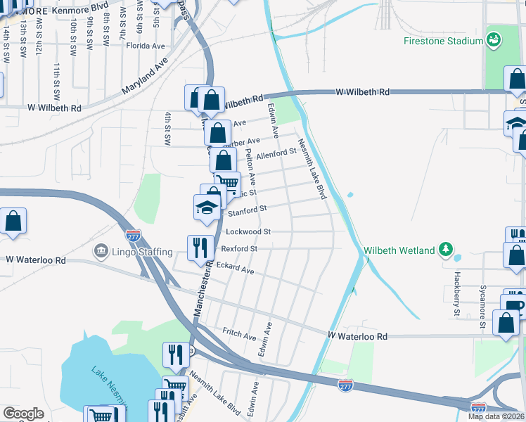 map of restaurants, bars, coffee shops, grocery stores, and more near 2384 Pelton Avenue in Akron