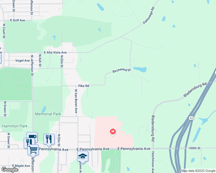 map of restaurants, bars, coffee shops, grocery stores, and more near 2 Birchwood Drive in Ottumwa