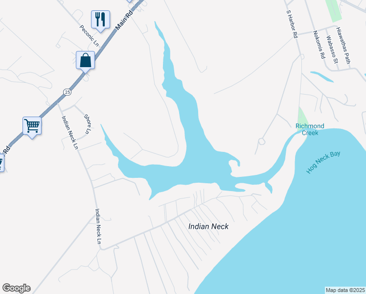 map of restaurants, bars, coffee shops, grocery stores, and more near 3475 Wells Road in Peconic