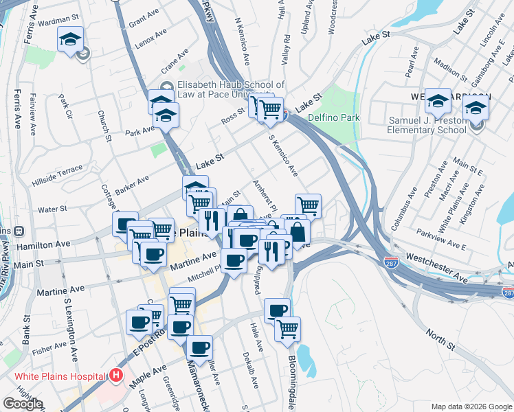map of restaurants, bars, coffee shops, grocery stores, and more near 40 Windsor Terrace in White Plains