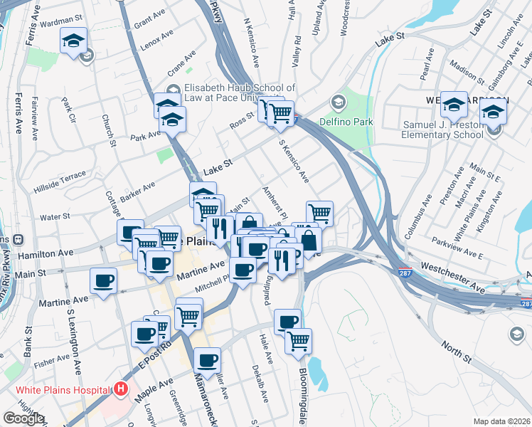 map of restaurants, bars, coffee shops, grocery stores, and more near 40 Windsor Terrace in White Plains