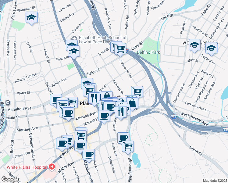 map of restaurants, bars, coffee shops, grocery stores, and more near 30 Windsor Terrace in White Plains