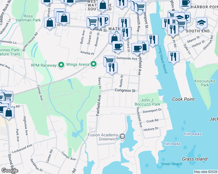 map of restaurants, bars, coffee shops, grocery stores, and more near 526 Fairfield Avenue in Stamford