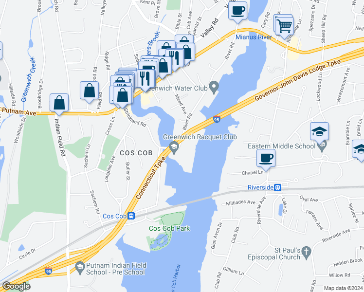 map of restaurants, bars, coffee shops, grocery stores, and more near 1 River Road in Greenwich