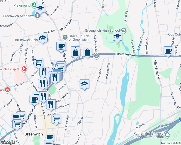 map of restaurants, bars, coffee shops, grocery stores, and more near 3 Putnam Hill Road in Greenwich