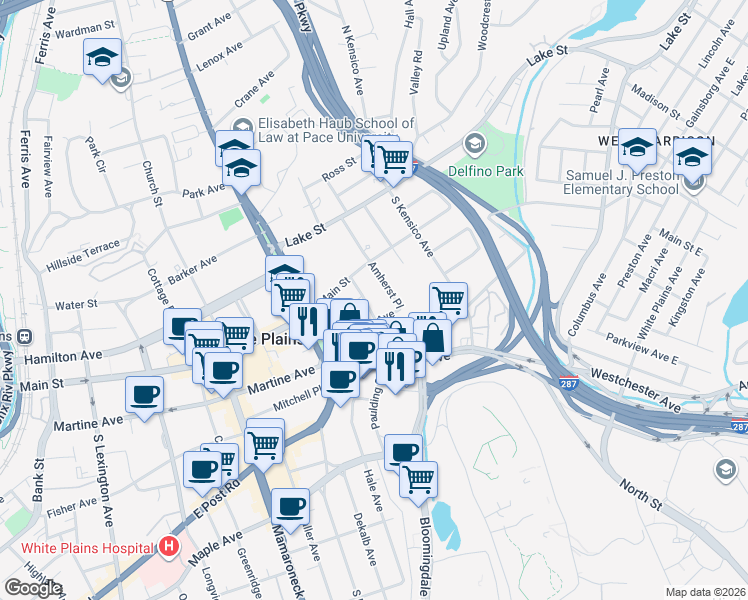 map of restaurants, bars, coffee shops, grocery stores, and more near 40 Windsor Terrace in White Plains