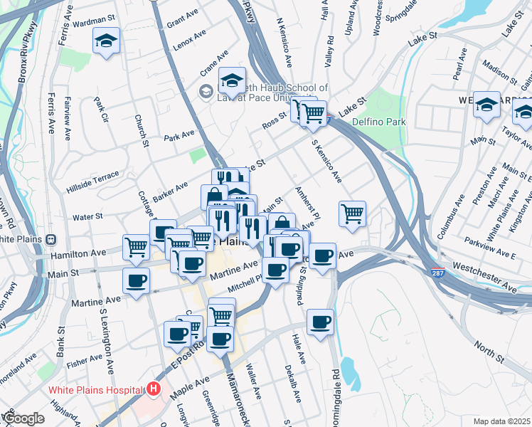 map of restaurants, bars, coffee shops, grocery stores, and more near in White Plains
