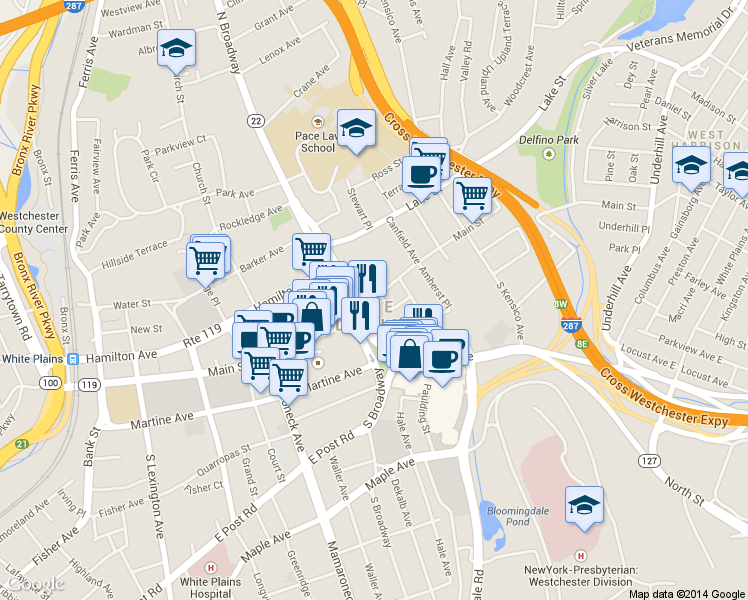 map of restaurants, bars, coffee shops, grocery stores, and more near in White Plains
