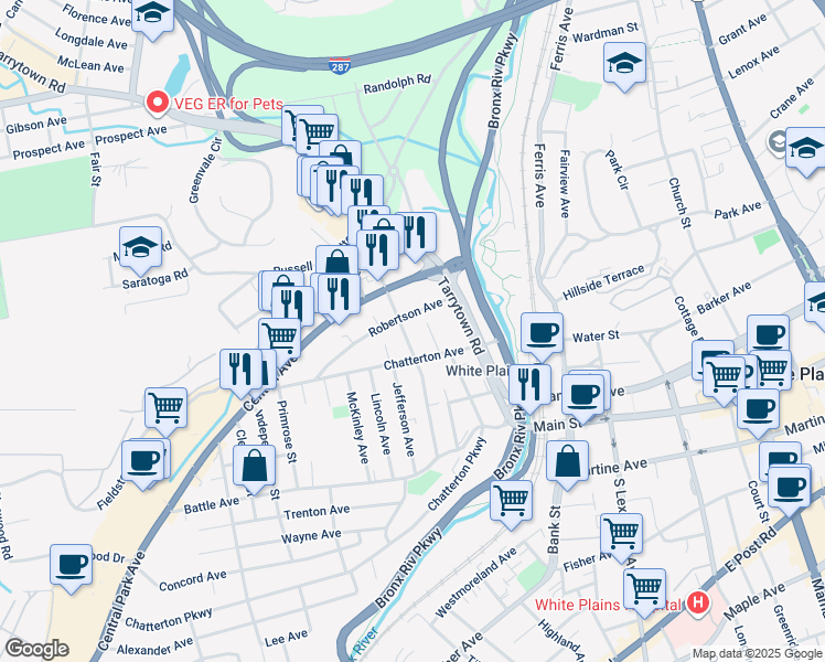 map of restaurants, bars, coffee shops, grocery stores, and more near 75 Harding Avenue in White Plains