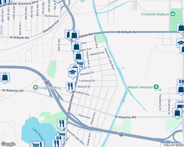 map of restaurants, bars, coffee shops, grocery stores, and more near 2384 Pelton Avenue in Akron