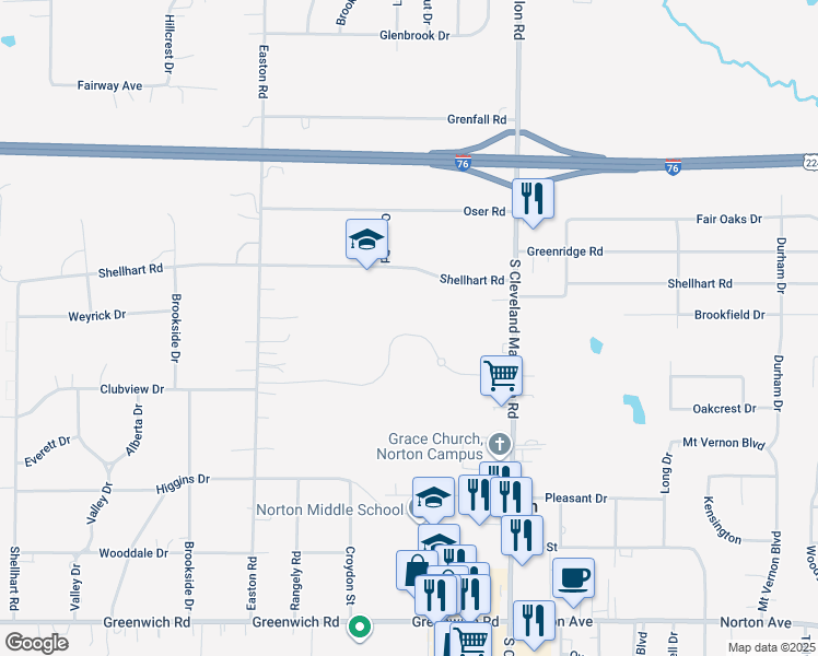 map of restaurants, bars, coffee shops, grocery stores, and more near 1 Panther Way in Norton