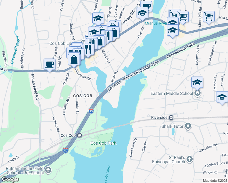 map of restaurants, bars, coffee shops, grocery stores, and more near 7 River Road in Greenwich