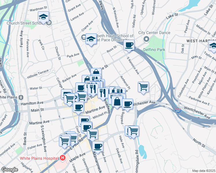 map of restaurants, bars, coffee shops, grocery stores, and more near in White Plains