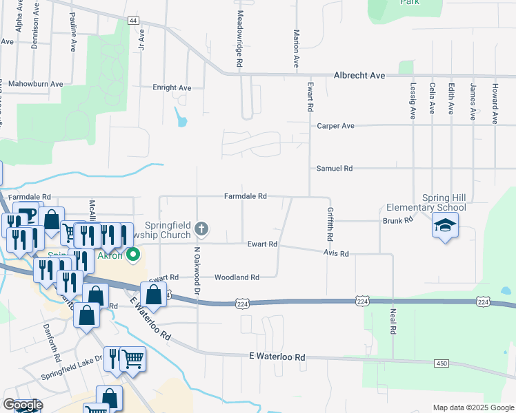 map of restaurants, bars, coffee shops, grocery stores, and more near 3110 Farmdale Road in Akron