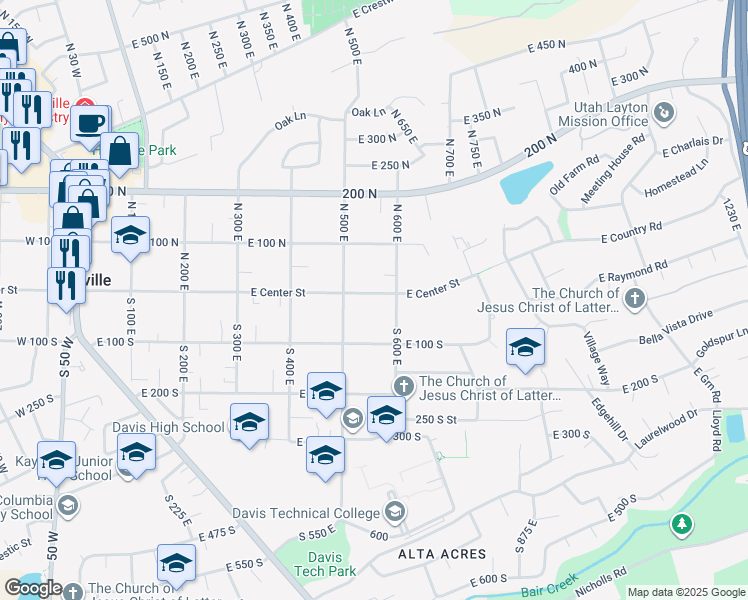 map of restaurants, bars, coffee shops, grocery stores, and more near 558 East Center Street in Kaysville