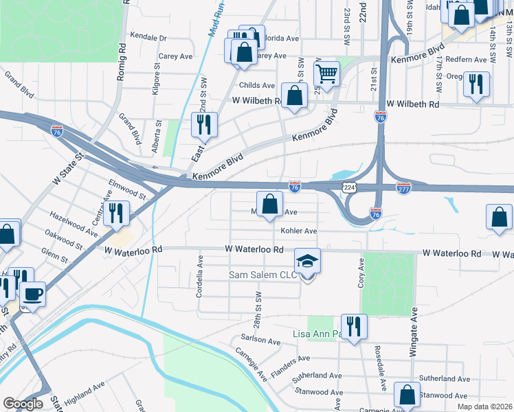 map of restaurants, bars, coffee shops, grocery stores, and more near 1234 McIntosh Avenue in Akron