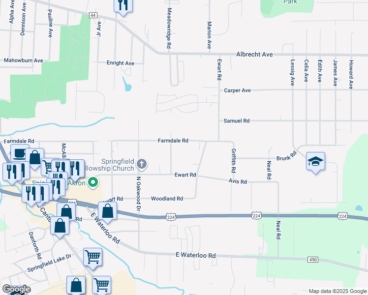 map of restaurants, bars, coffee shops, grocery stores, and more near 3110 Farmdale Road in Akron
