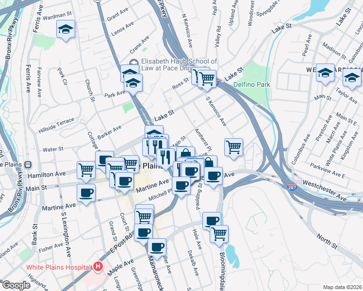 map of restaurants, bars, coffee shops, grocery stores, and more near 1 Broad Parkway in White Plains